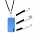 A charging lanyard with a black strap, featuring a white connector and a blue phone attached.