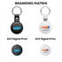 A black and a white tracking tag with keyring attachments, featuring digital prints and logo branding.