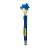 A blue pen featuring a whimsical mop head design, with a stylus tip and a logo on the body.