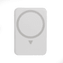 A white wireless charging power bank featuring a circular design and a directional indicator. It has a logo on the surface.