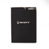 A black A4 notebook with a logo, featuring a sleek cover and a side pocket for cards.