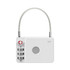 A silver luggage lock with a combination dial and a cable loop, featuring a small logo.