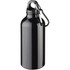 A drink bottle in shiny black, featuring a carabiner for easy attachment and a simple design.