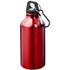 A drink bottle in shiny red, featuring a black carabiner and a screw-top lid, with a logo.