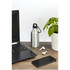 A drink bottle in silver stainless steel with a carabiner, placed near a laptop and smartphone on a desk.