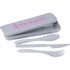 A bamboo fibre cutlery set in grey, including a spoon, knife, and fork, stored in a matching case with a logo.