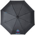 A black foldable auto open/close umbrella with a central hub and a logo on the underside.