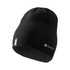 A black unisex beanie featuring a logo, showcasing a simple and stylish design.