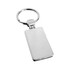 A silver metal keyring with a rectangular, flat pendant and a round keychain attachment.