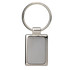 A rectangular silver keyring with a smooth, brushed metal surface and a circular ring for attaching keys.