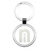 A silver metal keyring with a circular design and a logo in the centre.