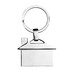 A metallic keyring shaped like a house, featuring a polished silver finish and a keyring attachment.