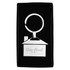 A house-shaped metal keyring in silver, displayed in a black box with a logo. It's sleek and stylish.
