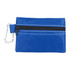 A blue zippered pouch with a black zipper and a carabiner, designed for first aid supplies.