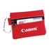 A red zippered pouch with a carabiner, featuring a card inside and a logo on the front.