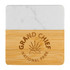 A marble and bamboo coaster featuring a white marble top and a bamboo bottom, with a logo on the surface.