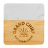 A marble and bamboo coaster featuring a logo, with a white marble top and a natural bamboo base.