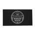 A rectangular black menu cover featuring a circular logo with the text "Burger House" and decorative elements.