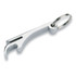 A drink bottle opener keyring in shiny silver metal, featuring a simple design with a keyring attachment.