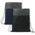 A drawstring bag featuring a grey top and black or navy body, with a logo on the side. Made from recycled materials.
