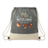 A grey and beige drawstring bag made of recycled cotton, featuring a logo and illustrations of nuts.