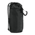 A black reusable tote bag with a drawstring closure and mesh side pocket, featuring a carabiner clip.