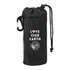A black reusable tote bag with a drawstring closure and a carabiner, featuring a logo and text.
