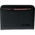 A black portfolio with a textured finish, featuring a logo and a patterned interior pocket.