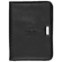 A black compendium with a smooth finish, featuring a silver clip and a logo on the front.
