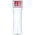 A drink bottle in clear plastic with a red cap, featuring a sleek, modern design and a branding logo.