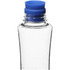 A drink bottle in clear plastic with a blue lid, featuring a logo on the side.