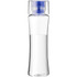 A drink bottle made from clear BPA-free plastic with a blue cap and a sleek design. It has a logo on the side.