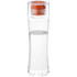 A drink bottle with a clear body and an orange screw cap, featuring a logo on the side. Holds 470ml.