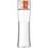 A drink bottle made from clear BPA-free plastic with an orange lid, featuring a sleek, modern design.