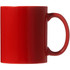 A red ceramic mug with a smooth finish and a comfortable handle, designed for coffee or other beverages.