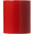 A red ceramic mug with a glossy finish, featuring a smooth, rounded design and a logo.