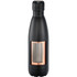 A drink bottle with a sleek black exterior and a copper-coloured interior. It features a logo.