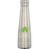A drink bottle in silver with a sleek design and a logo, featuring a green graphic element.