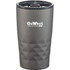 A drink bottle featuring a grey body with a textured design and a lid, along with a branding logo.