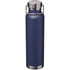 A drink bottle in navy blue with a stainless steel base and cap, featuring a carrying handle.