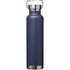 A drink bottle in navy blue with a stainless steel base and a handle on the lid, featuring a logo.