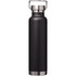 A drink bottle in matte black finish with a stainless steel base and handle. It features a logo.