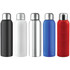 A drink bottle collection featuring black, white, silver, blue, and red stainless steel designs with metallic tops and logos.