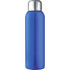 A drink bottle in a glossy blue finish with a silver cap and a logo on the surface.