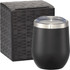 A drink bottle in matte black with a stainless-steel rim, accompanied by a boxed packaging. Features a clear lid.