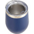 A drink bottle with a navy exterior and silver band, featuring a clear lid and insulated design.
