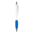 A ballpoint pen with a white barrel and a blue grip, featuring silver accents and a clip.
