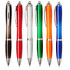 A collection of ballpoint pens in various colours: black, red, white, green, orange, and blue, featuring a silver clip and accents.