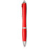 A red ballpoint pen with silver accents and a clip. The pen has a sleek, plastic design and features a logo.
