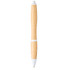 A bamboo ballpoint pen with a natural finish and white accents, featuring a branding logo.